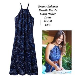 Tommy Bahama Bastille Bursts Linen Halter Dress in Blue Size M EUC